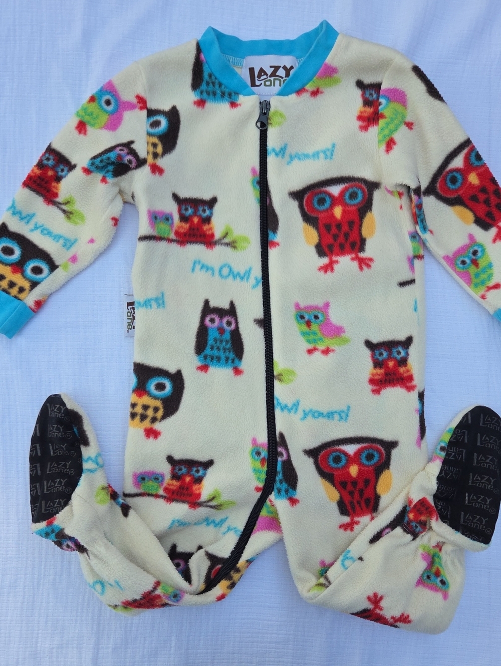 Lazy One Ivory Fleece Footed One-Piece with Colorful Owl Print